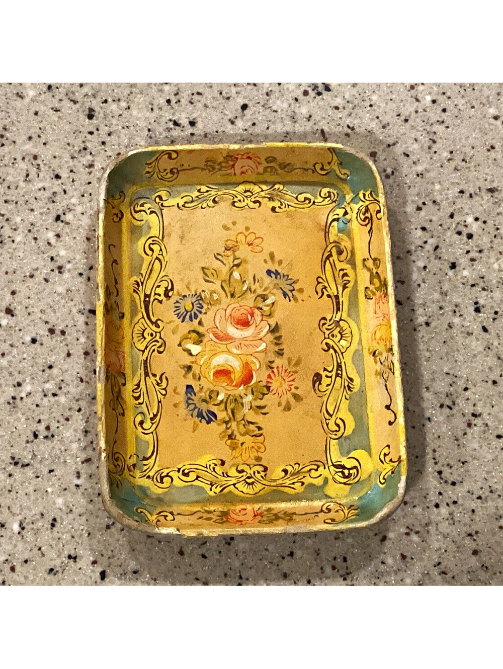 Vintage Floral Painted Vanity Tray Rectangular Gold Tone Flower Pattern